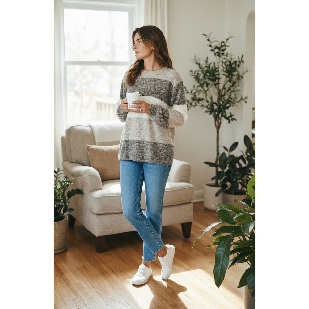 Zenana Womens Striped Marled Knit Crewneck Sweater‎ Neutral Grey Tan Small